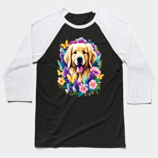 Cute Golden Retriever Surrounded by Beautiful Flowers Baseball T-Shirt